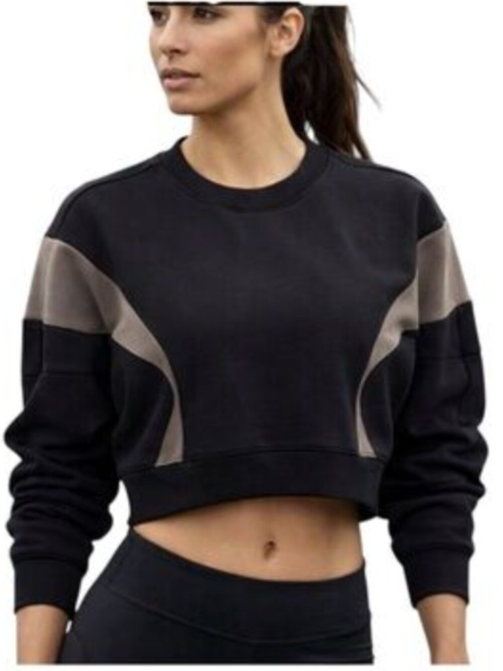 YPB Abercrombie & Fitch NeoKnit Cropped Black Sweatshirt with Tan Accents Large